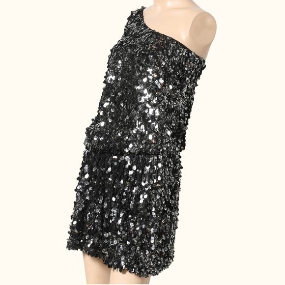 TIBI Black One Shoulder Silk Sequin Mini Dress - Picture 1 of 12